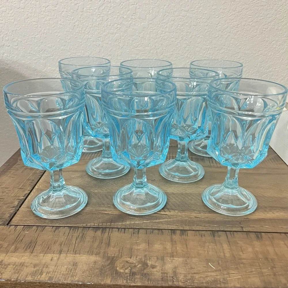 5 1/4 Inch Aqua Blue Pedestal Tumblers Fairfield By Anchor Hocking Set Of Eight‎